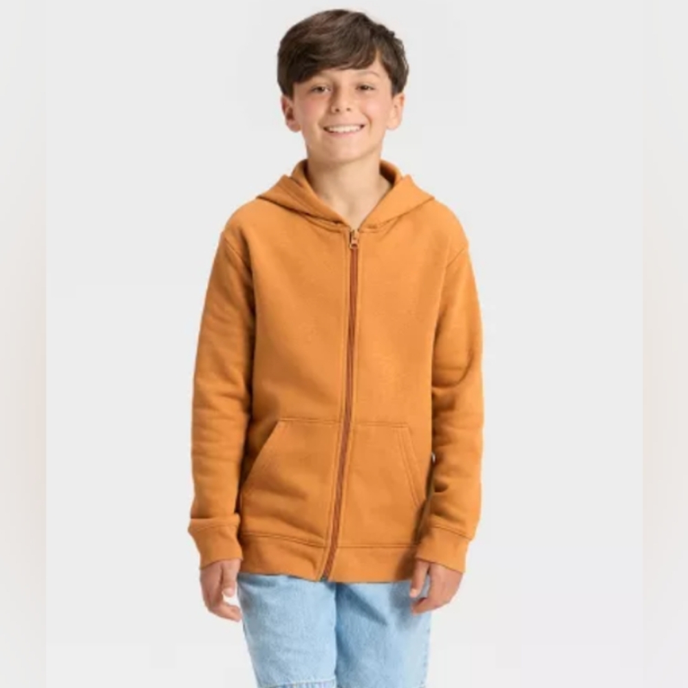 Cat & Jack Boy's Fleece Zip-Up Hooded Sweatshirt, Size L (10/12), Dark Yellow